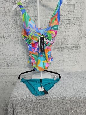 La Blanca Multicolor Tropical Tankini with Teal Bikini Bottom